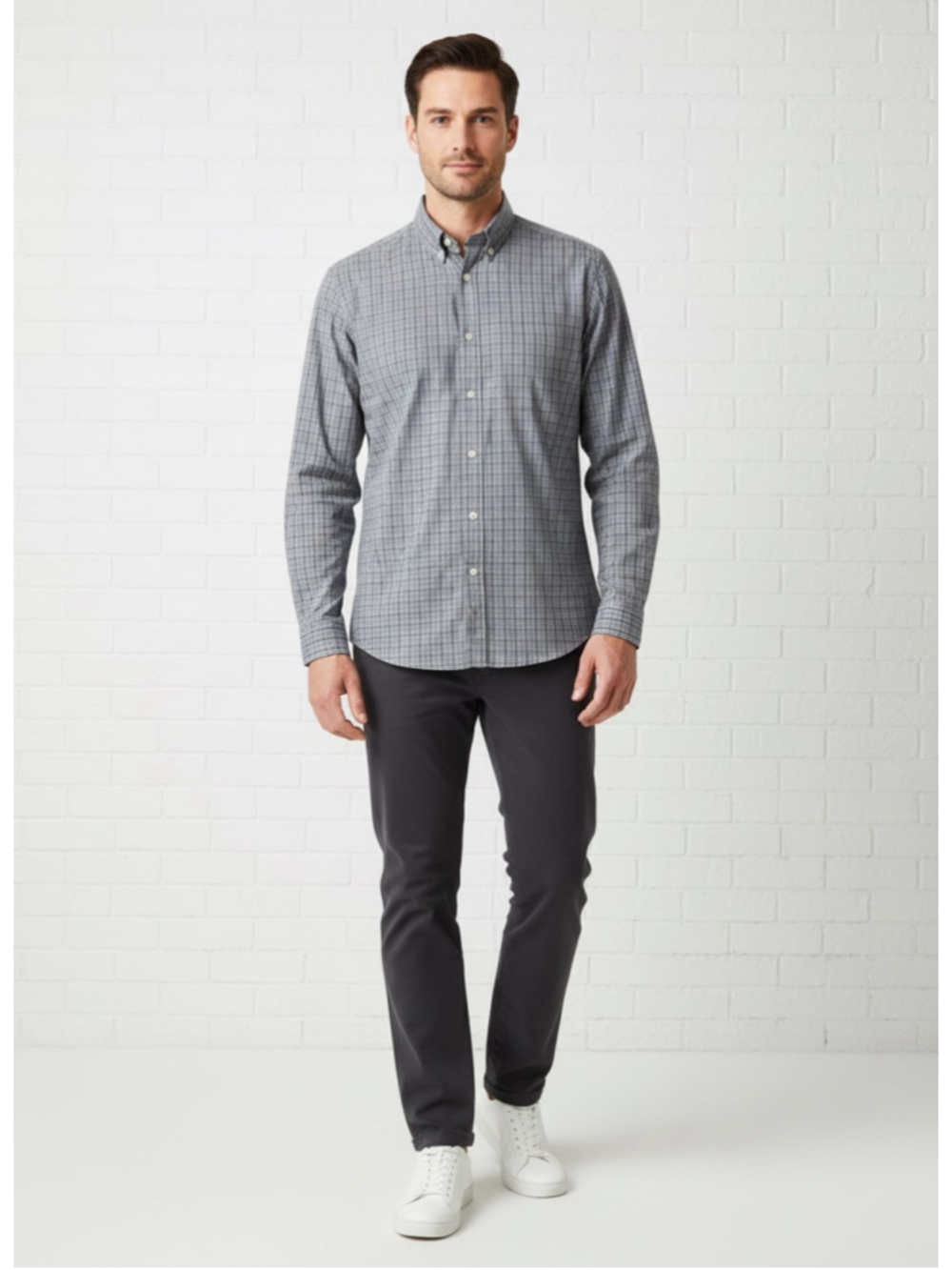 Joseph & Feiss Mens M Non-Iron Plaid Dress Shirt Grey Blue Long Sleeve Button Up
